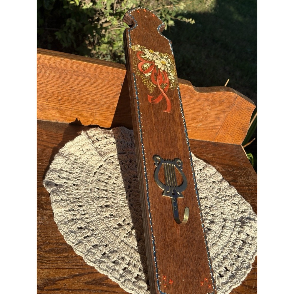 Vintage Hand Painted Wood Wall Hanging Brass Lyre Hook Folk Art Cottagecore 23"